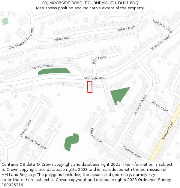 83, MOORSIDE ROAD, BOURNEMOUTH, BH11 8DQ: Location map and indicative extent of plot