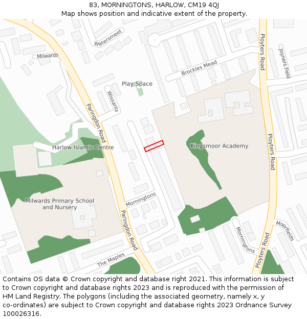 83, MORNINGTONS, HARLOW, CM19 4QJ: Location map and indicative extent of plot