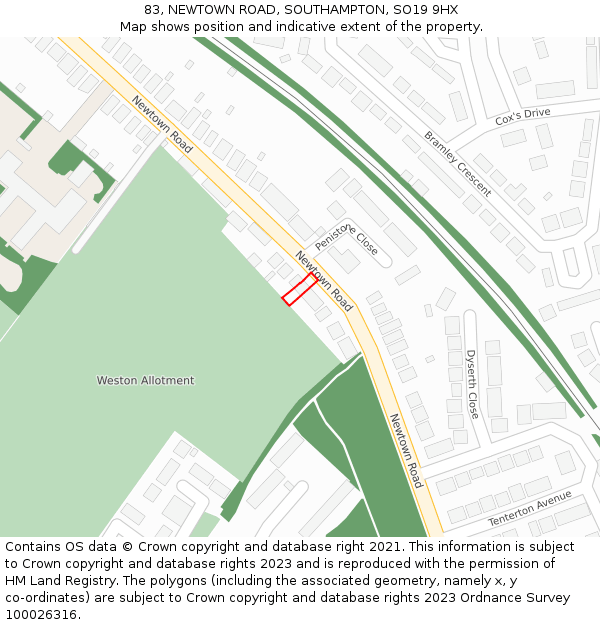 83, NEWTOWN ROAD, SOUTHAMPTON, SO19 9HX: Location map and indicative extent of plot