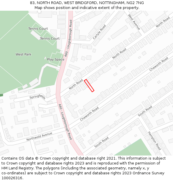 83, NORTH ROAD, WEST BRIDGFORD, NOTTINGHAM, NG2 7NG: Location map and indicative extent of plot