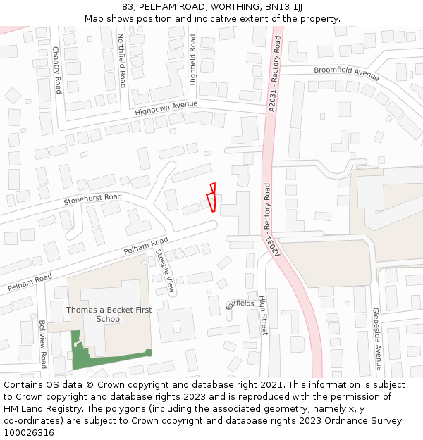 83, PELHAM ROAD, WORTHING, BN13 1JJ: Location map and indicative extent of plot