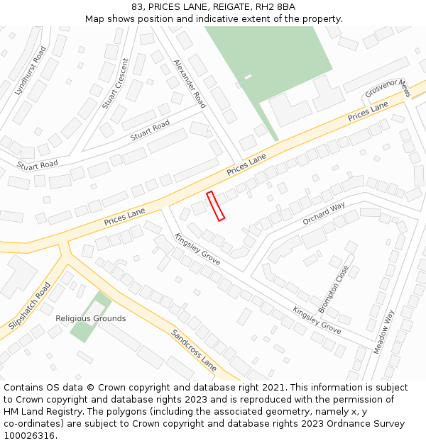 83, PRICES LANE, REIGATE, RH2 8BA: Location map and indicative extent of plot