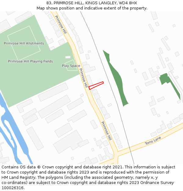 83, PRIMROSE HILL, KINGS LANGLEY, WD4 8HX: Location map and indicative extent of plot
