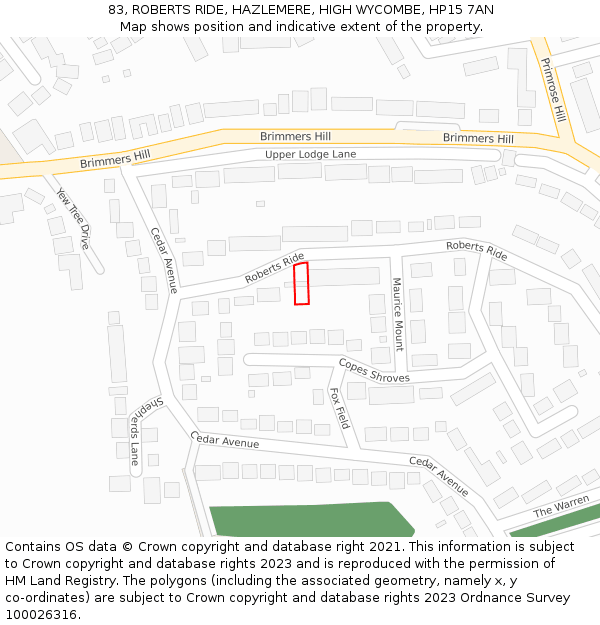 83, ROBERTS RIDE, HAZLEMERE, HIGH WYCOMBE, HP15 7AN: Location map and indicative extent of plot