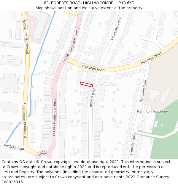 83, ROBERTS ROAD, HIGH WYCOMBE, HP13 6XD: Location map and indicative extent of plot