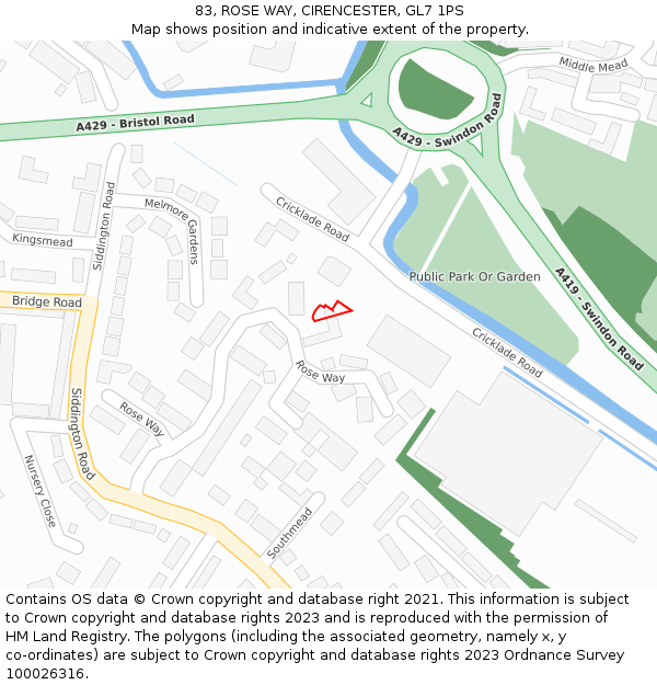 83, ROSE WAY, CIRENCESTER, GL7 1PS: Location map and indicative extent of plot