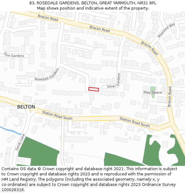 83, ROSEDALE GARDENS, BELTON, GREAT YARMOUTH, NR31 9PL: Location map and indicative extent of plot