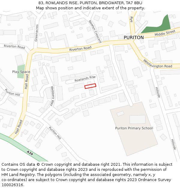 83, ROWLANDS RISE, PURITON, BRIDGWATER, TA7 8BU: Location map and indicative extent of plot