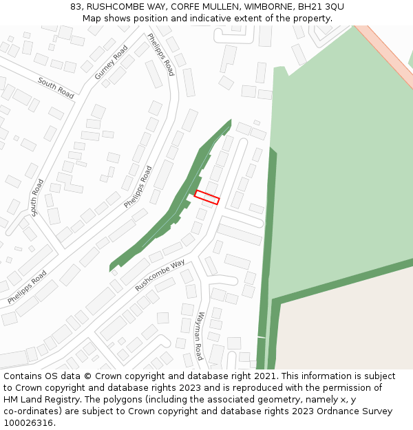 83, RUSHCOMBE WAY, CORFE MULLEN, WIMBORNE, BH21 3QU: Location map and indicative extent of plot