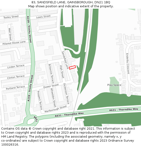 83, SANDSFIELD LANE, GAINSBOROUGH, DN21 1BQ: Location map and indicative extent of plot