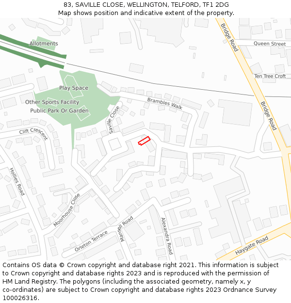83, SAVILLE CLOSE, WELLINGTON, TELFORD, TF1 2DG: Location map and indicative extent of plot