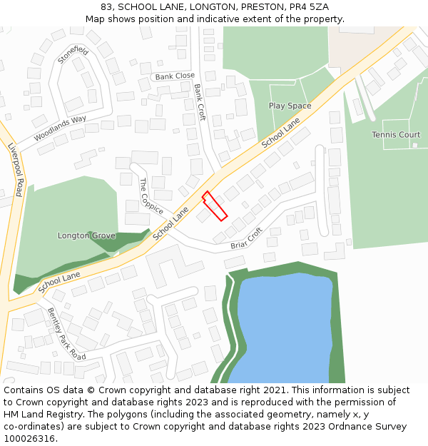 83, SCHOOL LANE, LONGTON, PRESTON, PR4 5ZA: Location map and indicative extent of plot