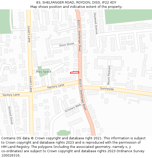 83, SHELFANGER ROAD, ROYDON, DISS, IP22 4DY: Location map and indicative extent of plot