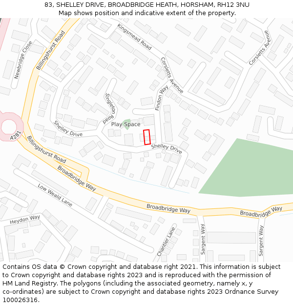 83, SHELLEY DRIVE, BROADBRIDGE HEATH, HORSHAM, RH12 3NU: Location map and indicative extent of plot