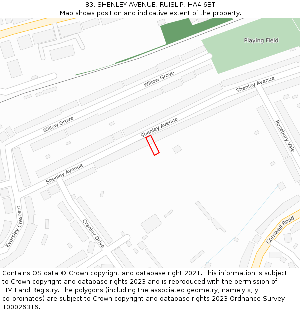 83, SHENLEY AVENUE, RUISLIP, HA4 6BT: Location map and indicative extent of plot