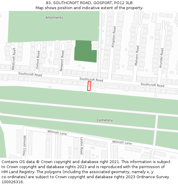 83, SOUTHCROFT ROAD, GOSPORT, PO12 3LB: Location map and indicative extent of plot