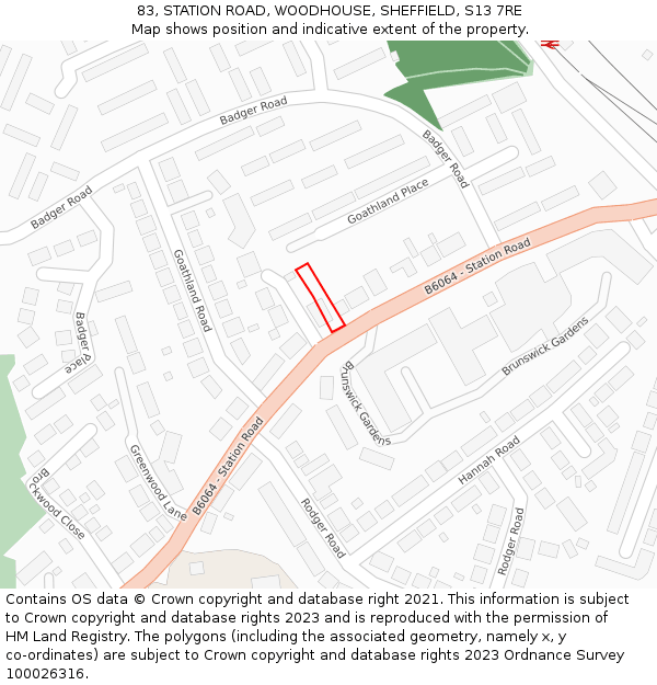 83, STATION ROAD, WOODHOUSE, SHEFFIELD, S13 7RE: Location map and indicative extent of plot