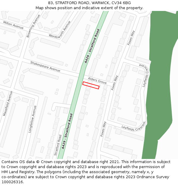 83, STRATFORD ROAD, WARWICK, CV34 6BG: Location map and indicative extent of plot