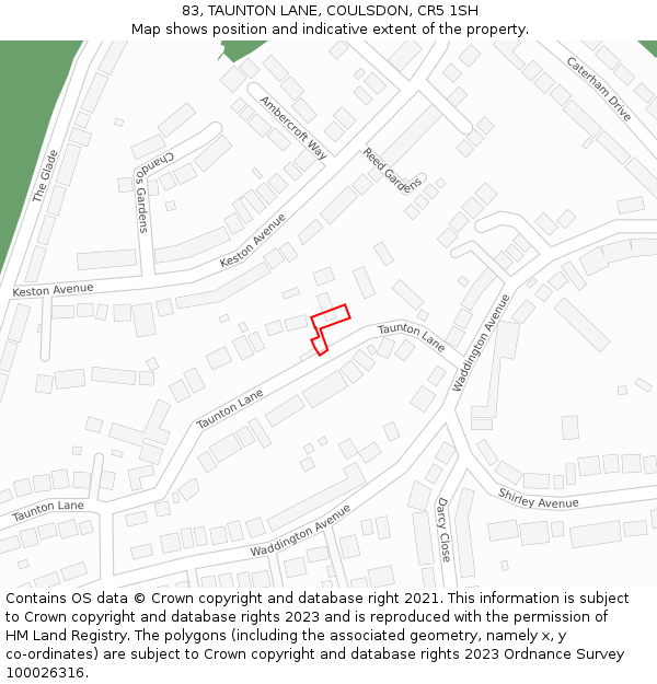 83, TAUNTON LANE, COULSDON, CR5 1SH: Location map and indicative extent of plot