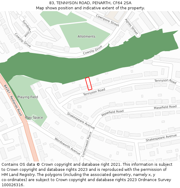 83, TENNYSON ROAD, PENARTH, CF64 2SA: Location map and indicative extent of plot