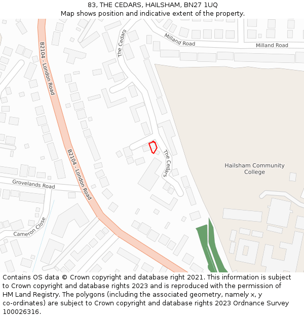 83, THE CEDARS, HAILSHAM, BN27 1UQ: Location map and indicative extent of plot