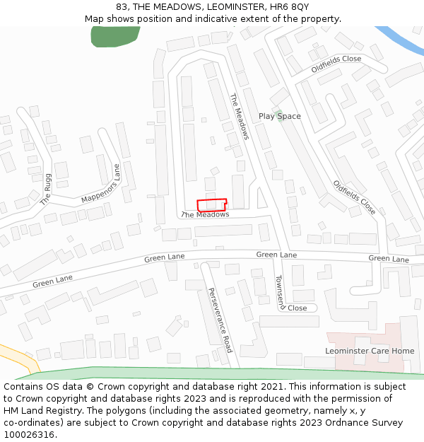 83, THE MEADOWS, LEOMINSTER, HR6 8QY: Location map and indicative extent of plot