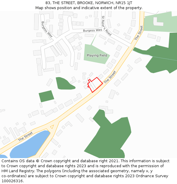 83, THE STREET, BROOKE, NORWICH, NR15 1JT: Location map and indicative extent of plot