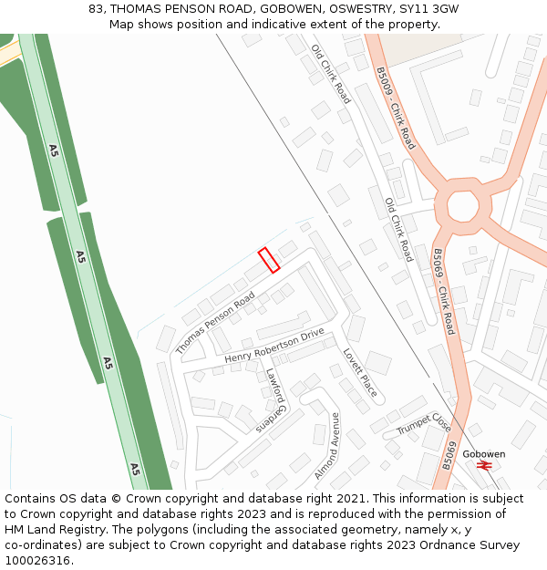 83, THOMAS PENSON ROAD, GOBOWEN, OSWESTRY, SY11 3GW: Location map and indicative extent of plot