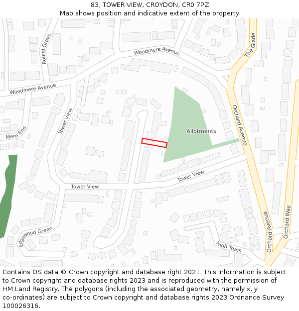 83, TOWER VIEW, CROYDON, CR0 7PZ: Location map and indicative extent of plot