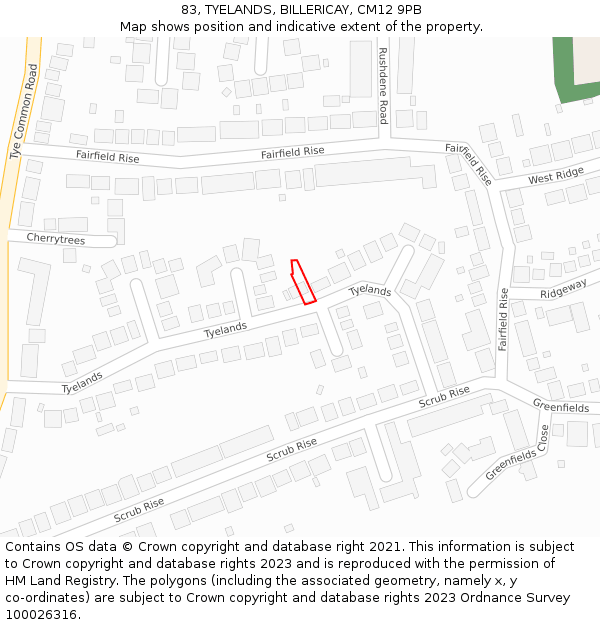 83, TYELANDS, BILLERICAY, CM12 9PB: Location map and indicative extent of plot