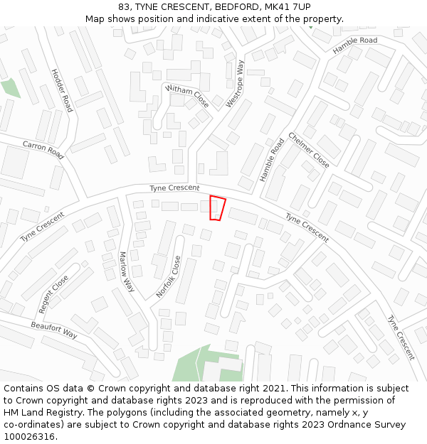 83, TYNE CRESCENT, BEDFORD, MK41 7UP: Location map and indicative extent of plot