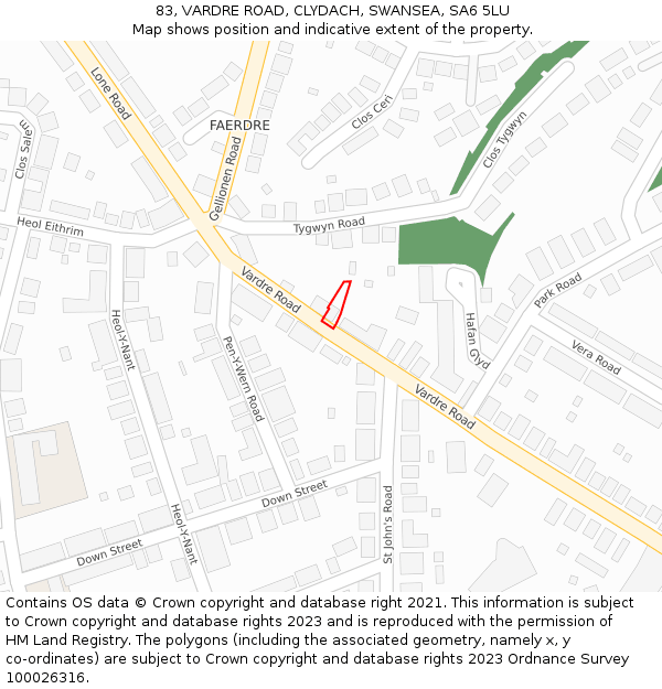 83, VARDRE ROAD, CLYDACH, SWANSEA, SA6 5LU: Location map and indicative extent of plot