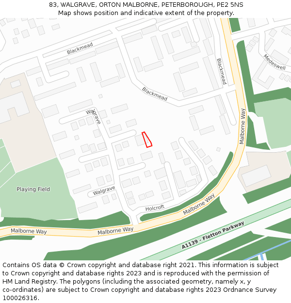 83, WALGRAVE, ORTON MALBORNE, PETERBOROUGH, PE2 5NS: Location map and indicative extent of plot