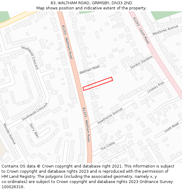 83, WALTHAM ROAD, GRIMSBY, DN33 2ND: Location map and indicative extent of plot