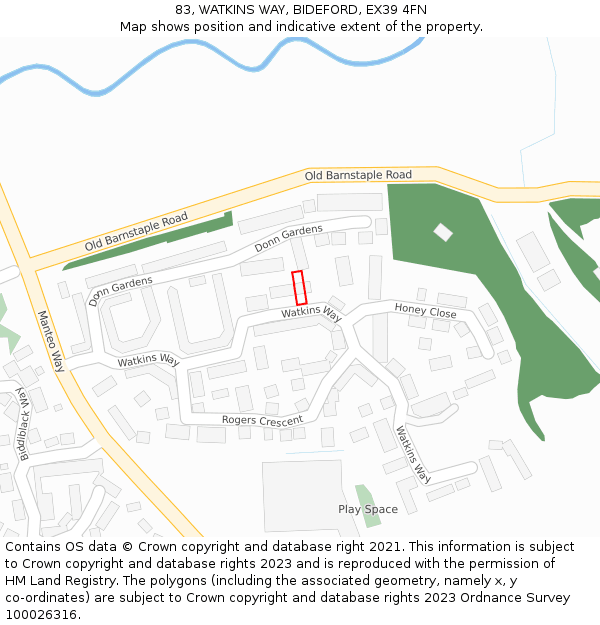 83, WATKINS WAY, BIDEFORD, EX39 4FN: Location map and indicative extent of plot