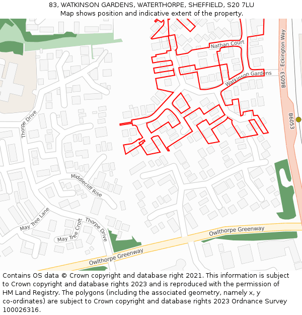 83, WATKINSON GARDENS, WATERTHORPE, SHEFFIELD, S20 7LU: Location map and indicative extent of plot