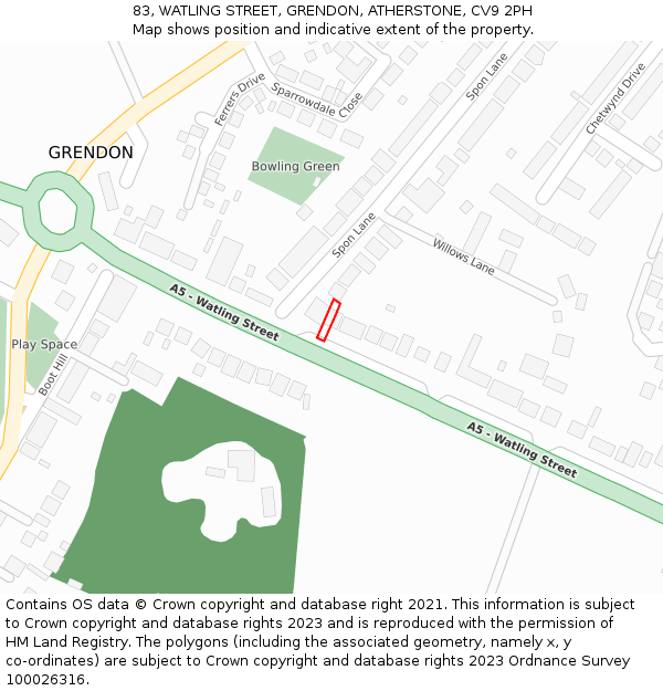 83, WATLING STREET, GRENDON, ATHERSTONE, CV9 2PH: Location map and indicative extent of plot