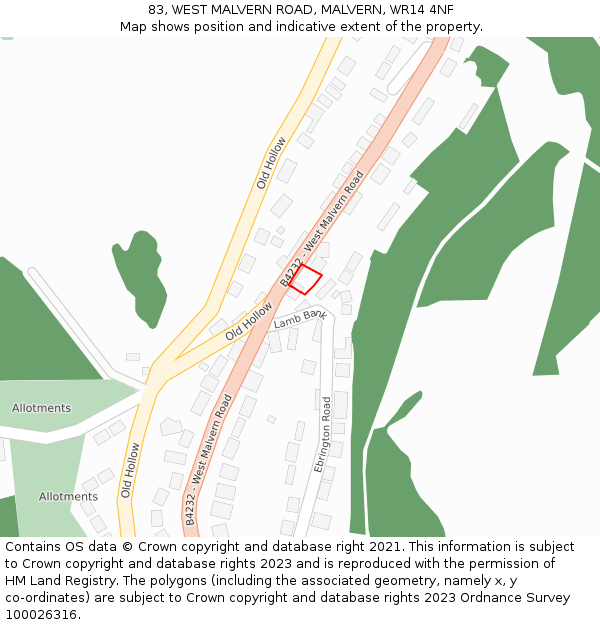 83, WEST MALVERN ROAD, MALVERN, WR14 4NF: Location map and indicative extent of plot