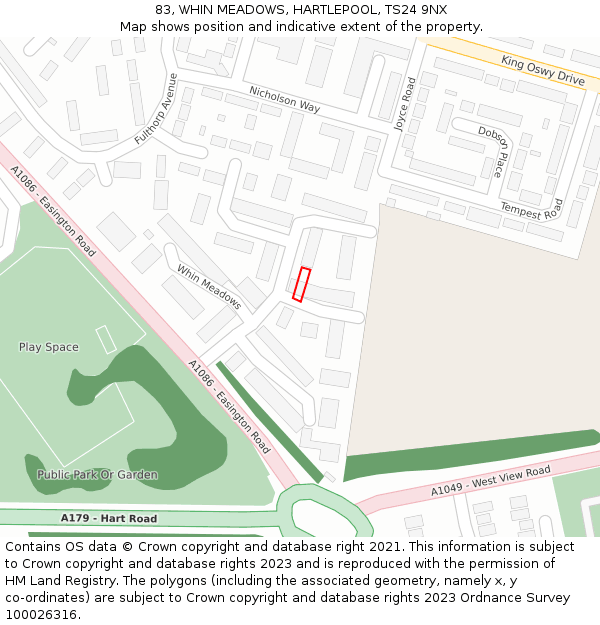 83, WHIN MEADOWS, HARTLEPOOL, TS24 9NX: Location map and indicative extent of plot