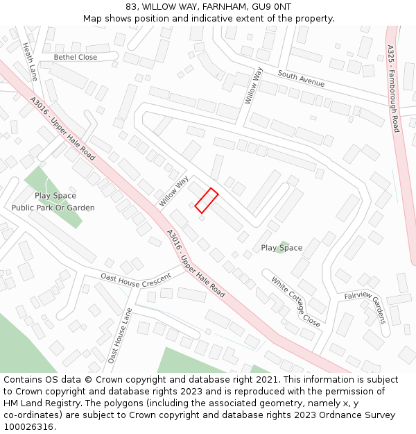 83, WILLOW WAY, FARNHAM, GU9 0NT: Location map and indicative extent of plot