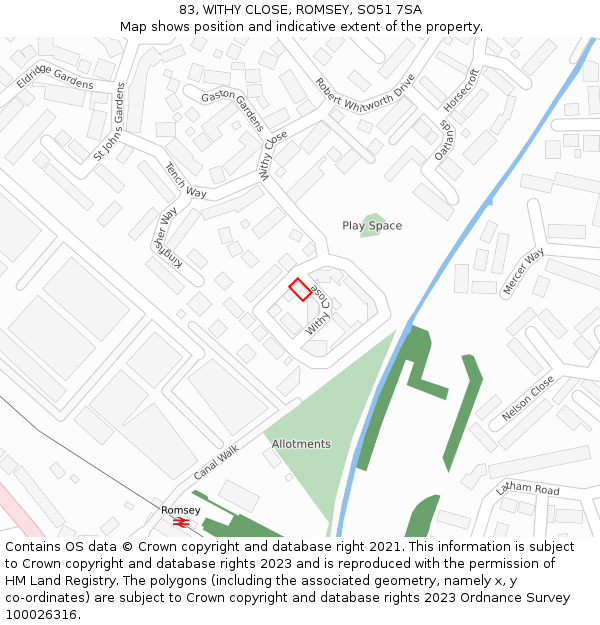 83, WITHY CLOSE, ROMSEY, SO51 7SA: Location map and indicative extent of plot