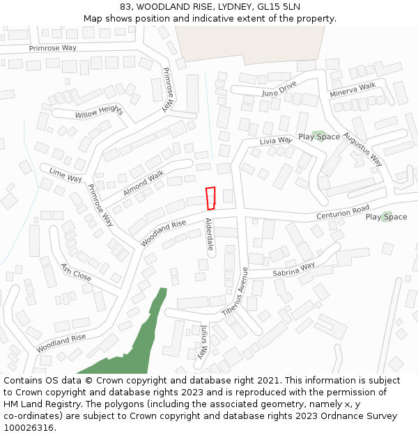 83, WOODLAND RISE, LYDNEY, GL15 5LN: Location map and indicative extent of plot