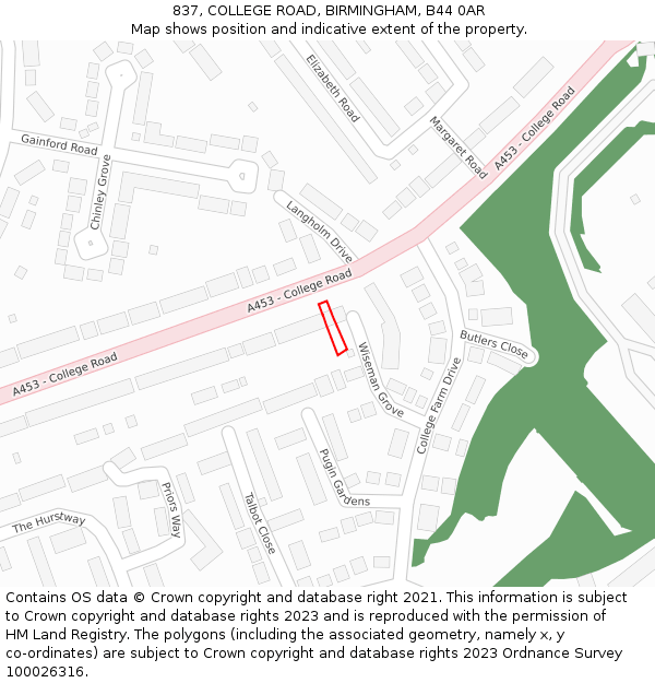 837, COLLEGE ROAD, BIRMINGHAM, B44 0AR: Location map and indicative extent of plot