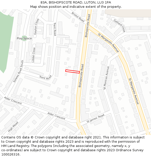 83A, BISHOPSCOTE ROAD, LUTON, LU3 1PA: Location map and indicative extent of plot