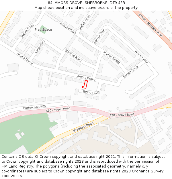 84, AMORS DROVE, SHERBORNE, DT9 4FB: Location map and indicative extent of plot