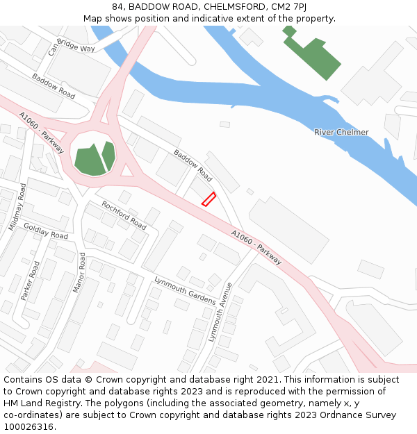 84, BADDOW ROAD, CHELMSFORD, CM2 7PJ: Location map and indicative extent of plot