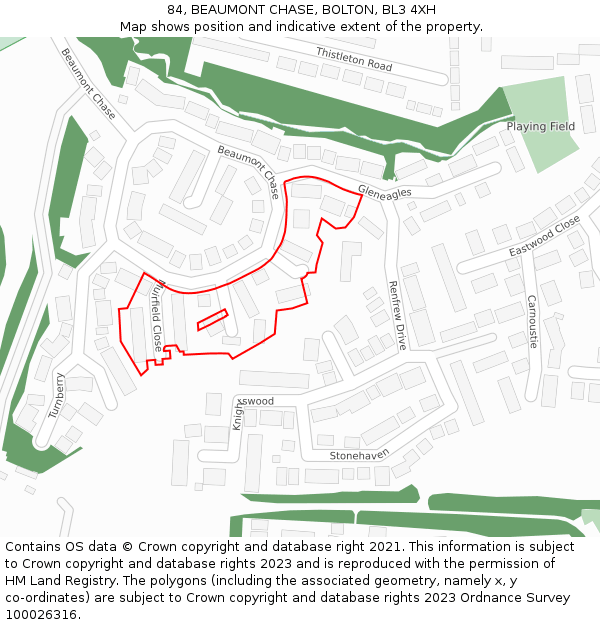 84, BEAUMONT CHASE, BOLTON, BL3 4XH: Location map and indicative extent of plot