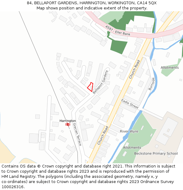 84, BELLAPORT GARDENS, HARRINGTON, WORKINGTON, CA14 5QX: Location map and indicative extent of plot