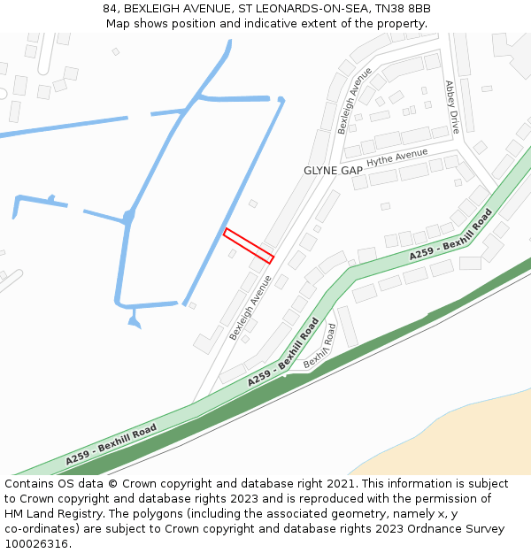 84, BEXLEIGH AVENUE, ST LEONARDS-ON-SEA, TN38 8BB: Location map and indicative extent of plot