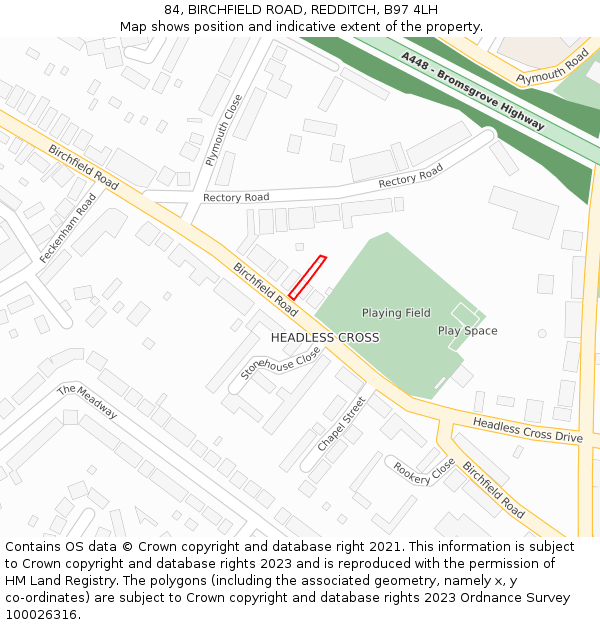 84, BIRCHFIELD ROAD, REDDITCH, B97 4LH: Location map and indicative extent of plot